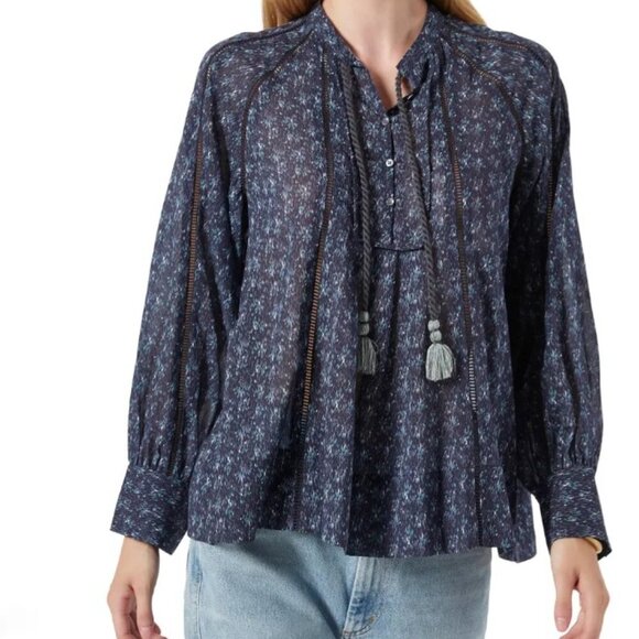 Joie Cotton Boho Blouse Womens Small Blue V-Neck Long Sleeve Dracha Top Summer - Picture 8 of 9